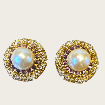 Vintage Gold Filigree Clip-On Earrings – Faux Pearl & Purple Crystal Accents
