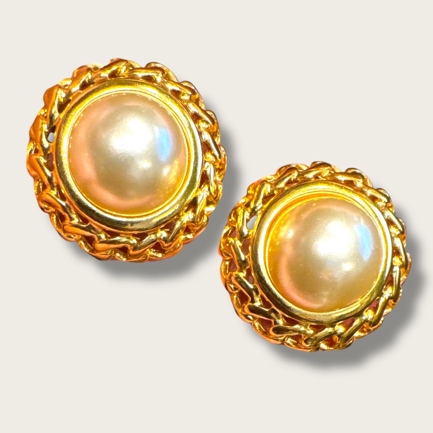 Vintage Napier Braided Gold-Tone Dome Earrings with Oversized Pearl Center – Chunky 1960s Statement Screwback Friction Ear Clips