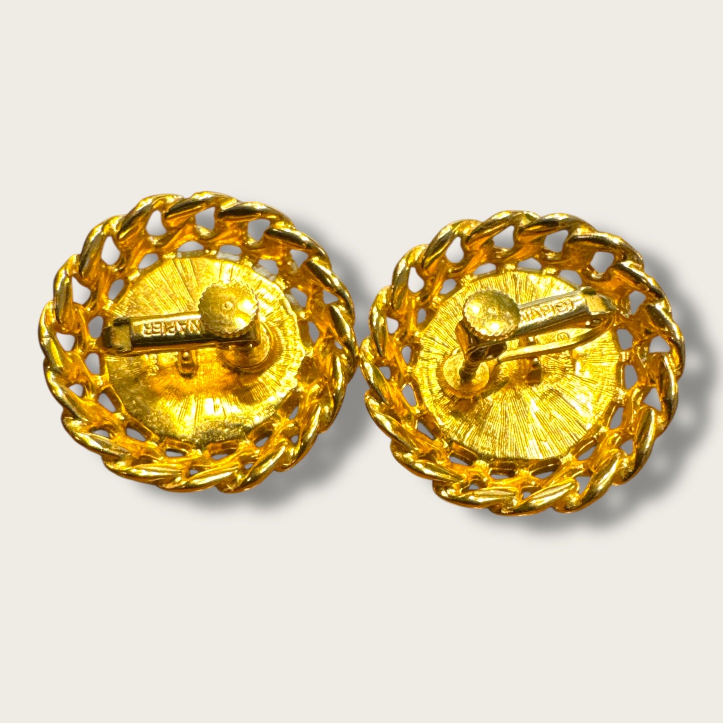 Vintage Napier Braided Gold-Tone Dome Earrings with Oversized Pearl Center – Chunky 1960s Statement Screwback Friction Ear Clips