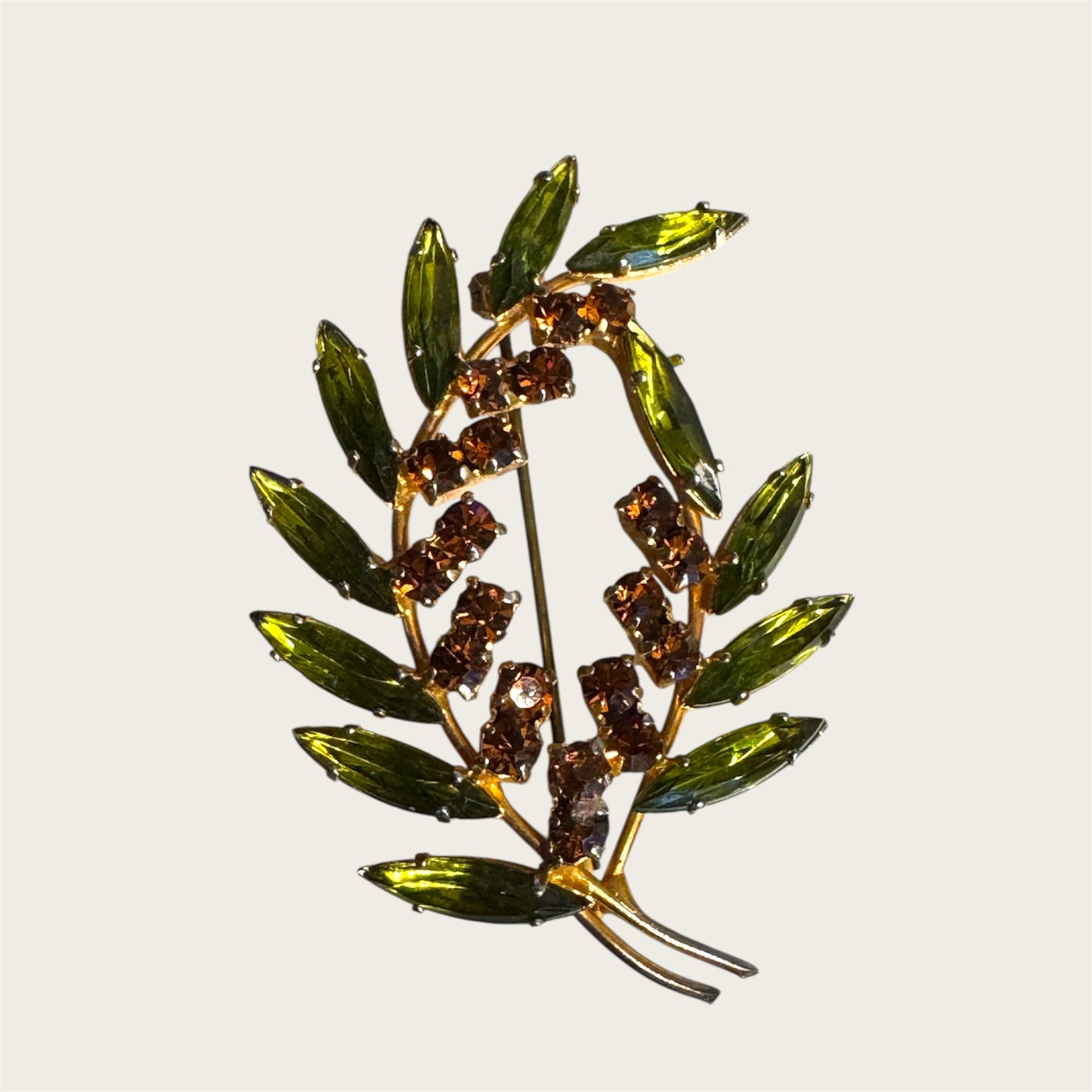 Vintage Avocado Marquise & Root-Beer Rhinestone Leaf Brooch