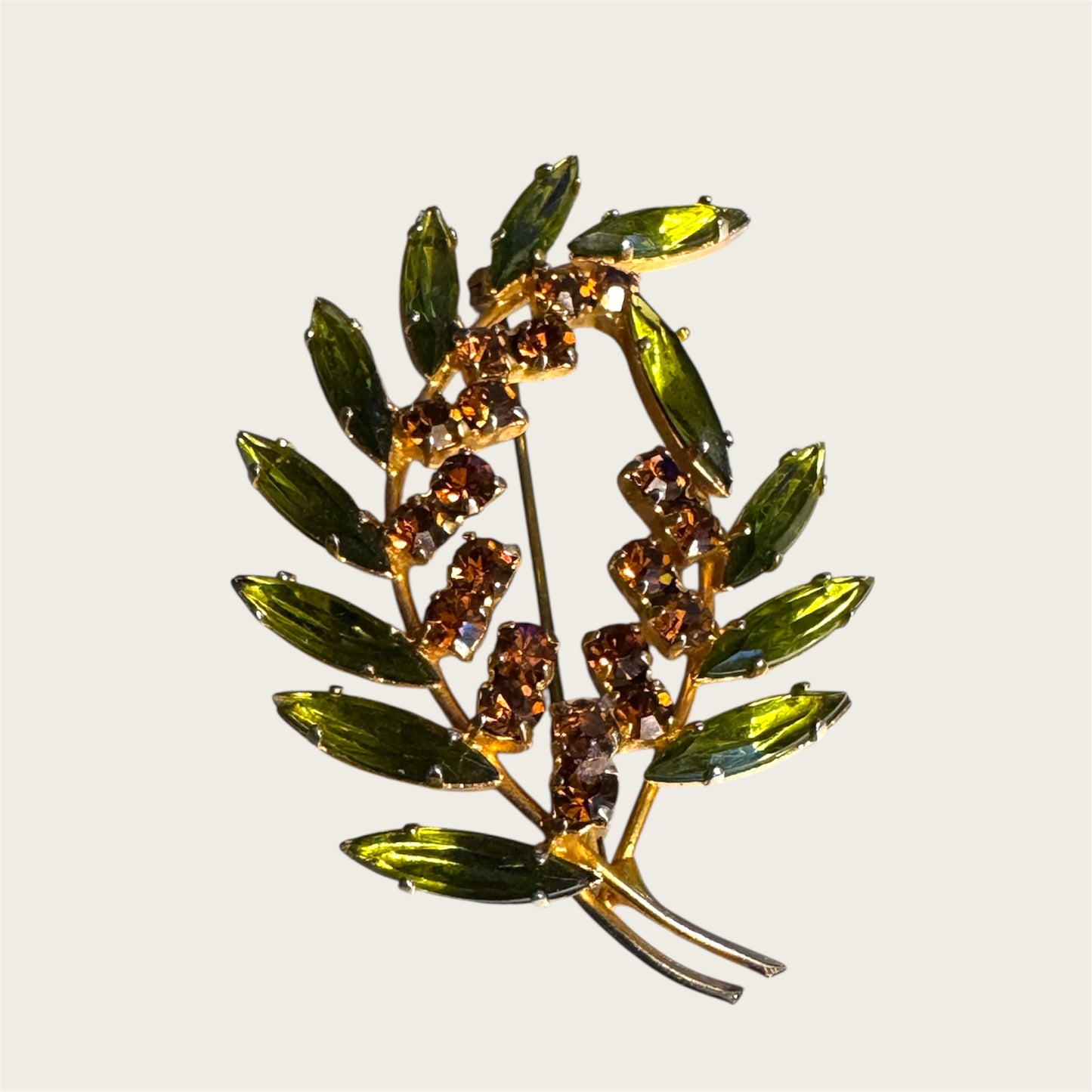 Vintage Avocado Marquise & Root-Beer Rhinestone Leaf Brooch