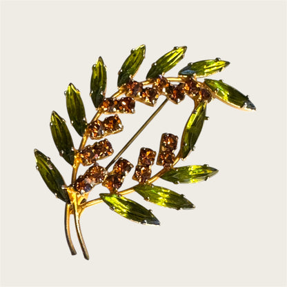 Vintage Avocado Marquise & Root-Beer Rhinestone Leaf Brooch