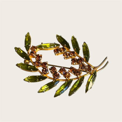 Vintage Avocado Marquise & Root-Beer Rhinestone Leaf Brooch