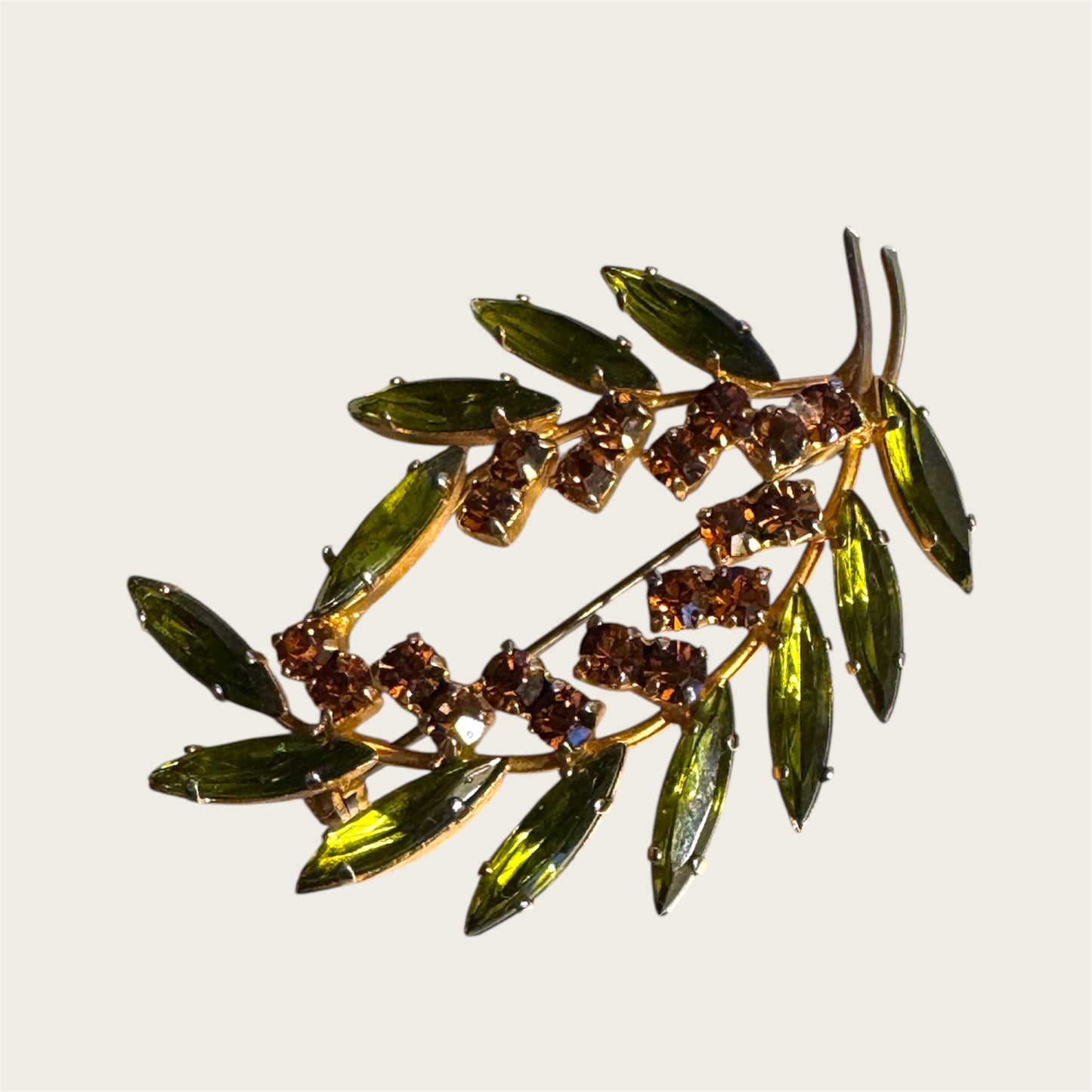 Vintage Avocado Marquise & Root-Beer Rhinestone Leaf Brooch