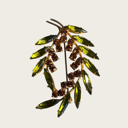 Vintage Avocado Marquise & Root-Beer Rhinestone Leaf Brooch