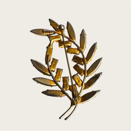 Vintage Avocado Marquise & Root-Beer Rhinestone Leaf Brooch