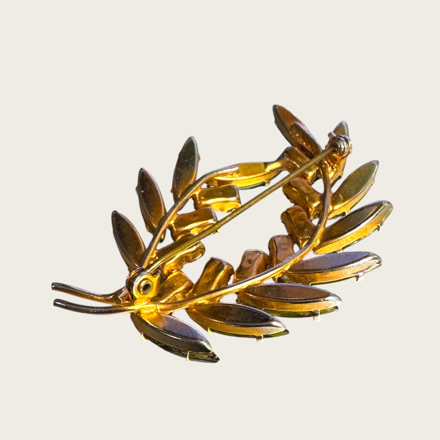 Vintage Avocado Marquise & Root-Beer Rhinestone Leaf Brooch