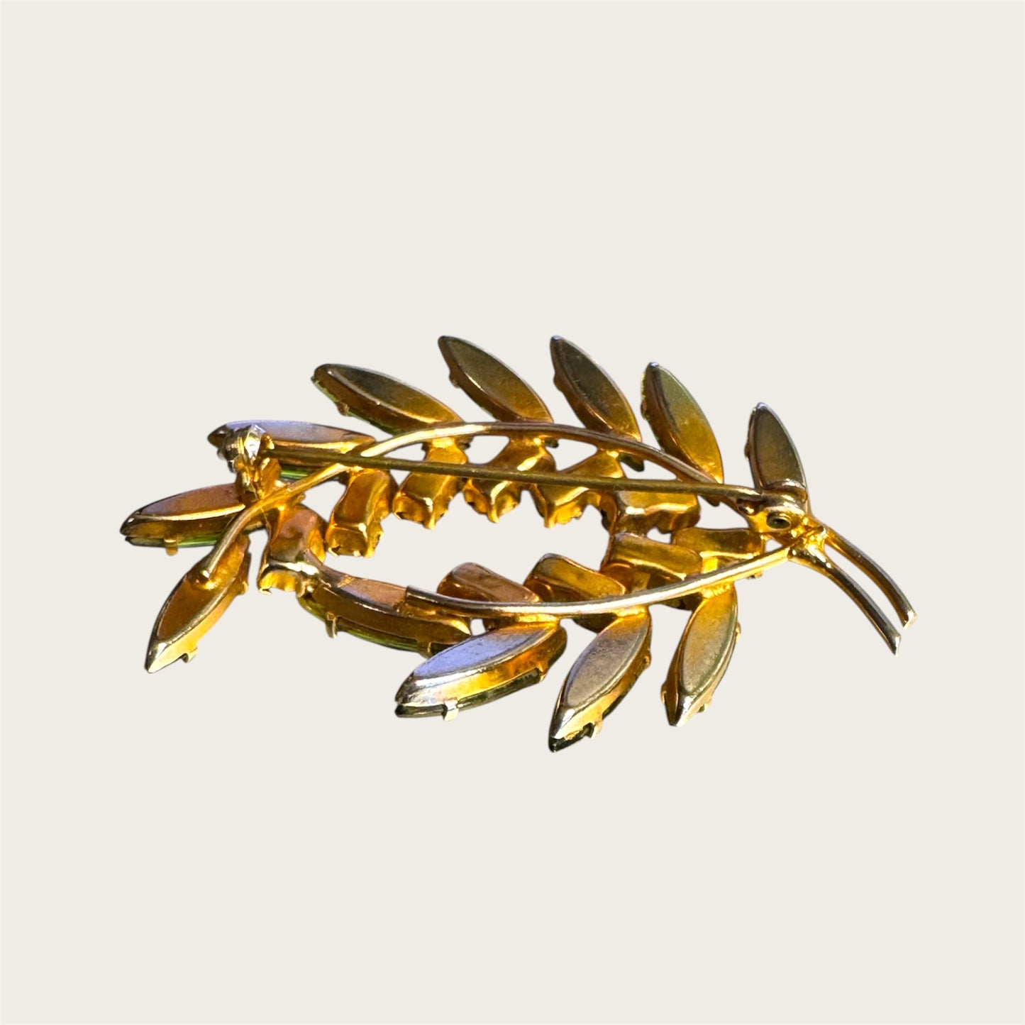 Vintage Avocado Marquise & Root-Beer Rhinestone Leaf Brooch