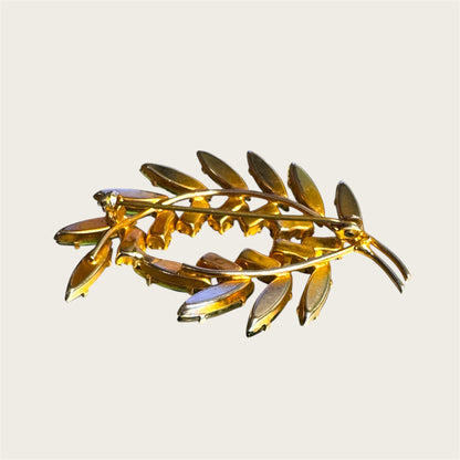 Vintage Avocado Marquise & Root-Beer Rhinestone Leaf Brooch