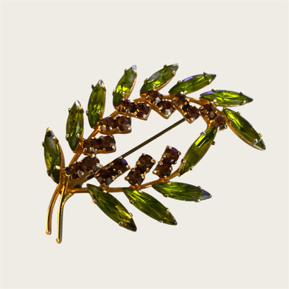 Vintage Avocado Marquise & Root-Beer Rhinestone Leaf Brooch