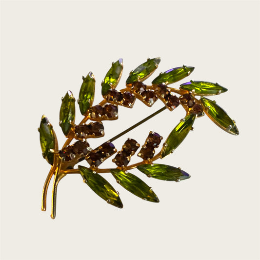 Vintage Avocado Marquise & Root-Beer Rhinestone Leaf Brooch