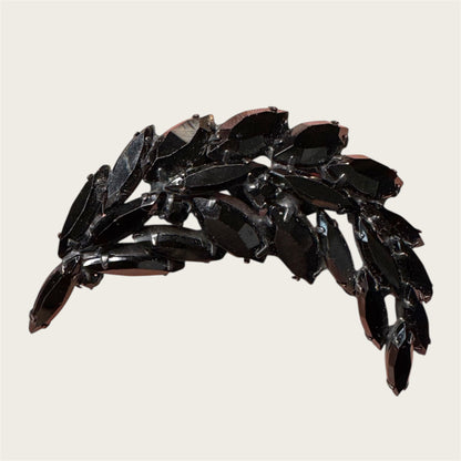 Vintage Japanned Black Marquise Leaf Brooch – Black Glass & Smoky Accents