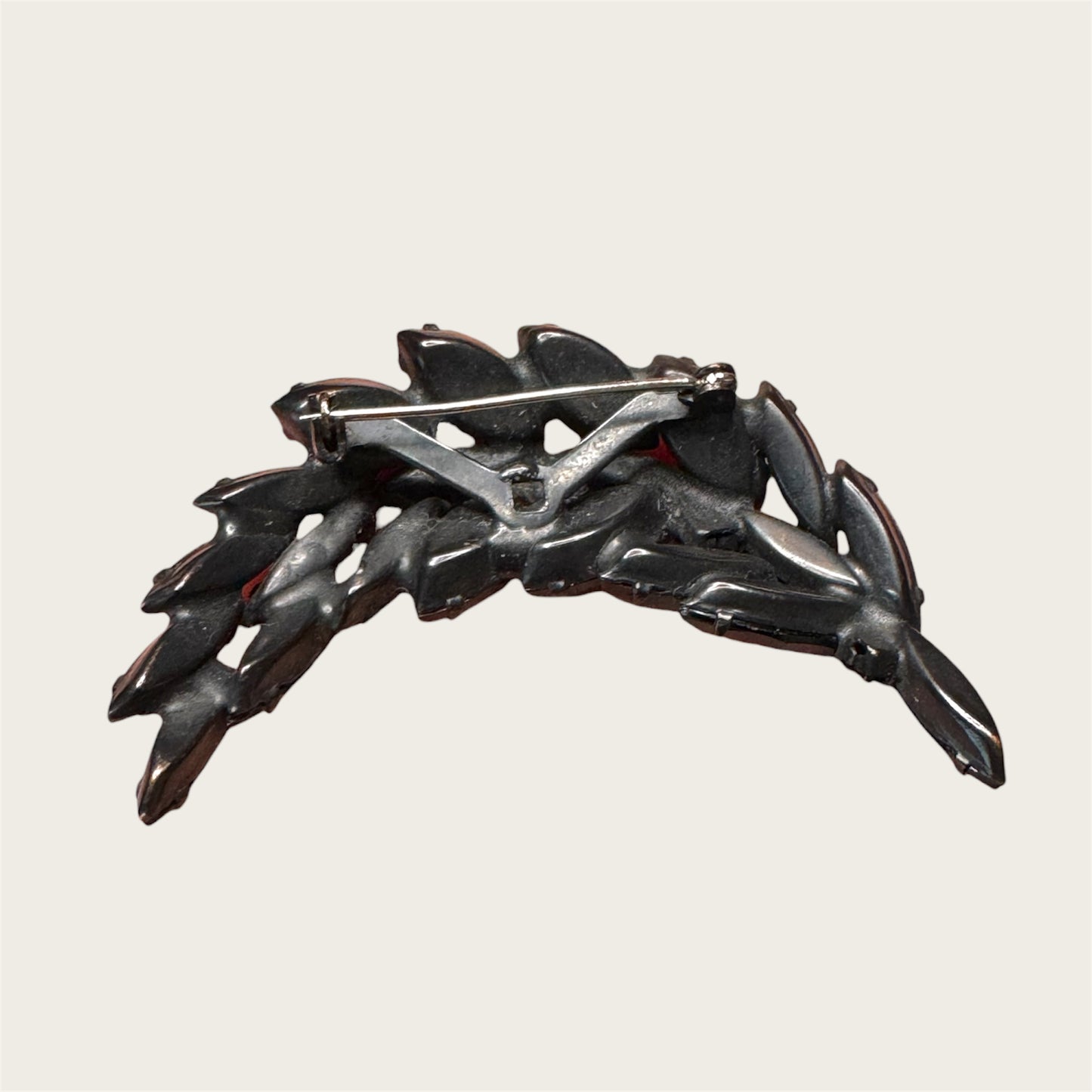 Vintage Japanned Black Marquise Leaf Brooch – Black Glass & Smoky Accents
