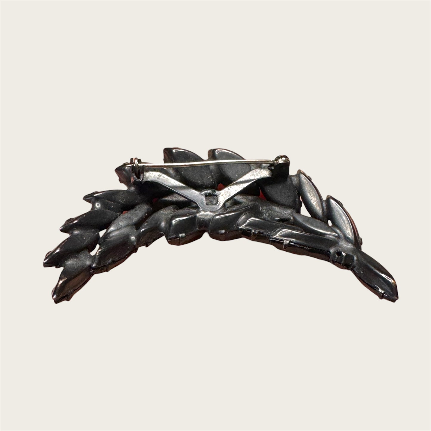 Vintage Japanned Black Marquise Leaf Brooch – Black Glass & Smoky Accents