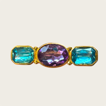 Vintage Trifari Turquoise & Amethyst Glass Brooch – Heavy Gold Tone Statement Pin