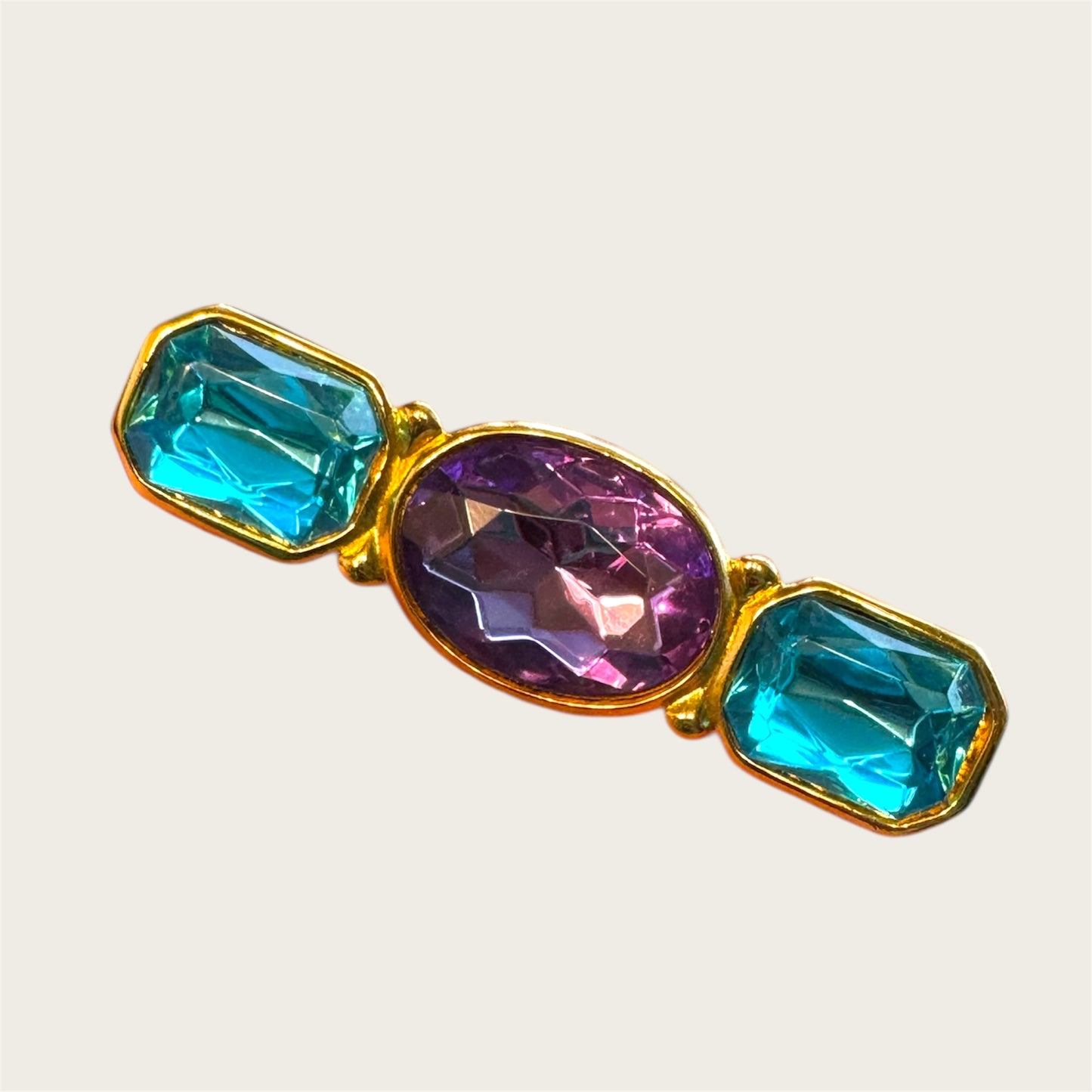 Vintage Trifari Turquoise & Amethyst Glass Brooch – Heavy Gold Tone Statement Pin