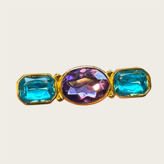 Vintage Trifari Turquoise & Amethyst Glass Brooch – Heavy Gold Tone Statement Pin