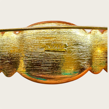 Vintage Trifari Turquoise & Amethyst Glass Brooch – Heavy Gold Tone Statement Pin