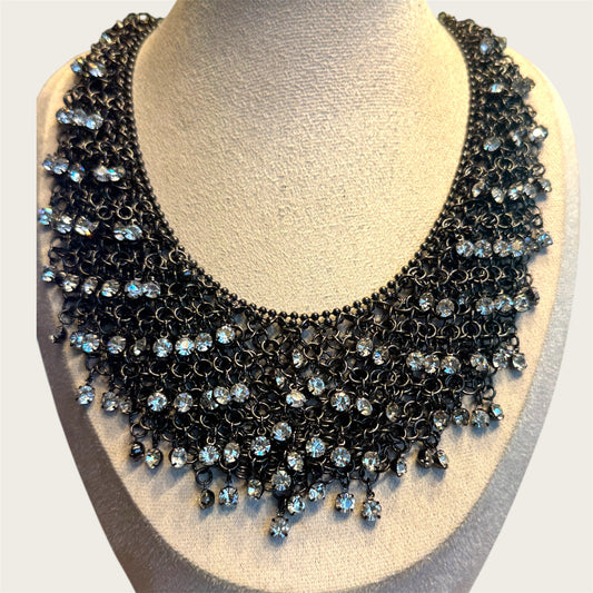 Graziano Black Mesh Waterfall Crystal Collar Necklace – Runway Statement Piece