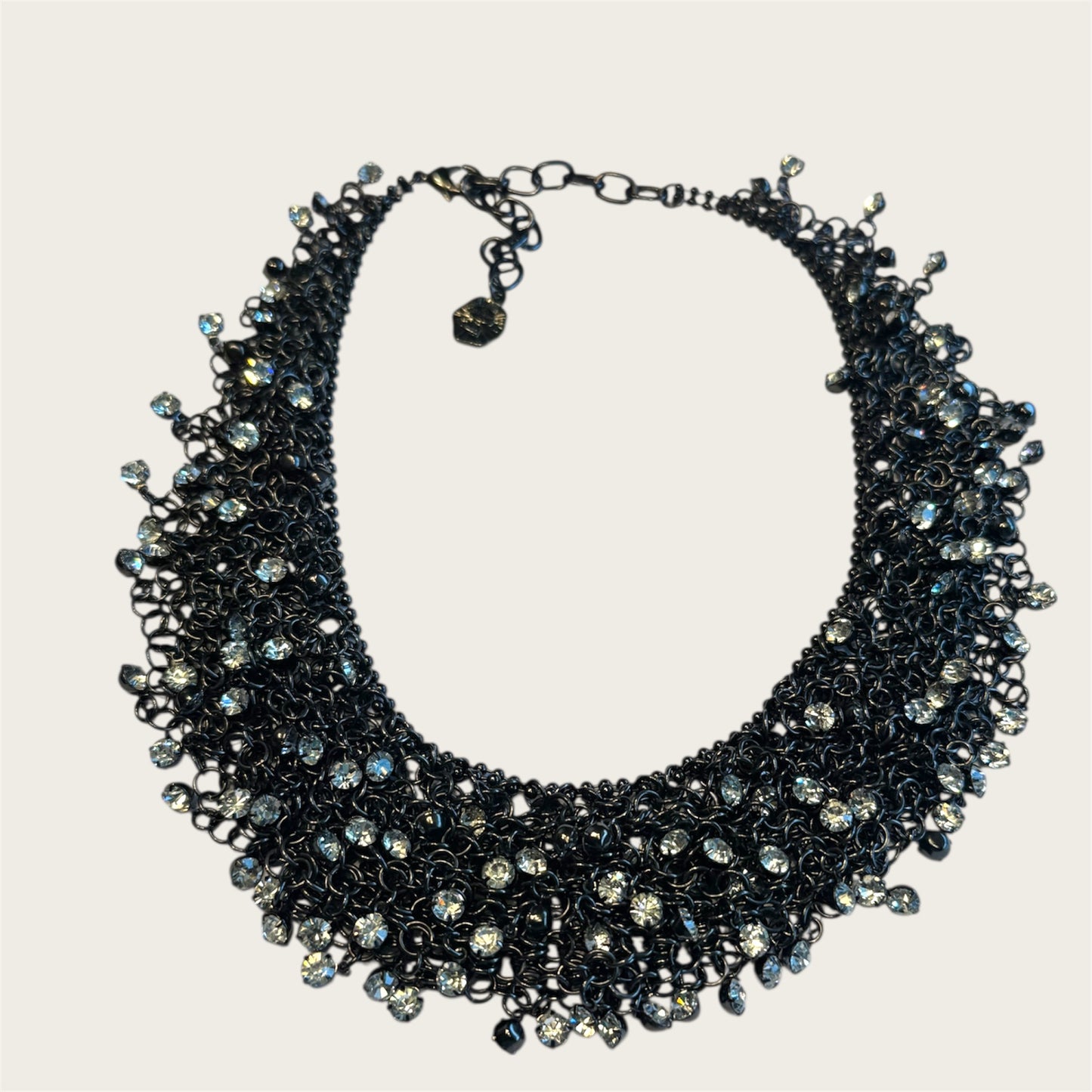 Graziano Black Mesh Waterfall Crystal Collar Necklace – Runway Statement Piece