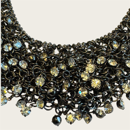 Graziano Black Mesh Waterfall Crystal Collar Necklace – Runway Statement Piece