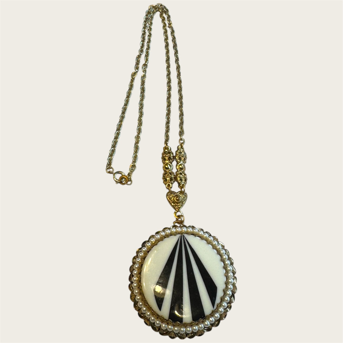 Mid-Century West Germany Geometric Medallion Necklace – Black & White Modernist Pendant