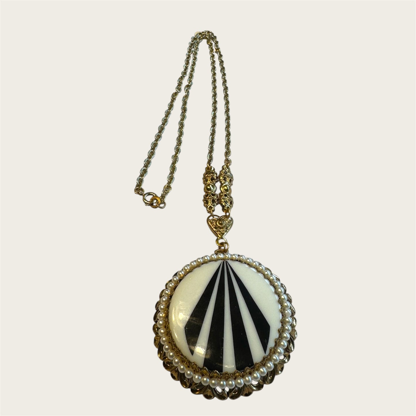 Mid-Century West Germany Geometric Medallion Necklace – Black & White Modernist Pendant