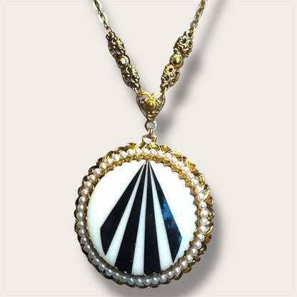 Mid-Century West Germany Geometric Medallion Necklace – Black & White Modernist Pendant