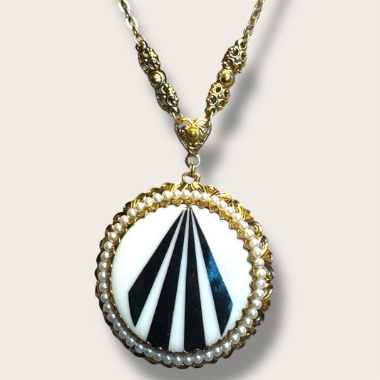 Mid-Century West Germany Geometric Medallion Necklace – Black & White Modernist Pendant