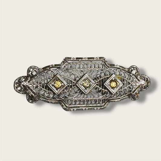 Vintage Silver-Tone Geometric Filigree Brooch with Champagne Rhinestones