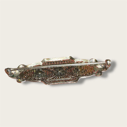 Vintage Silver-Tone Geometric Filigree Brooch with Champagne Rhinestones