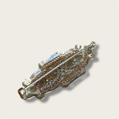 Vintage Silver-Tone Geometric Filigree Brooch with Champagne Rhinestones