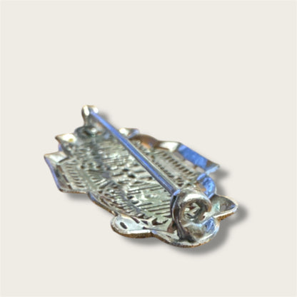 Vintage Silver-Tone Geometric Filigree Brooch with Champagne Rhinestones