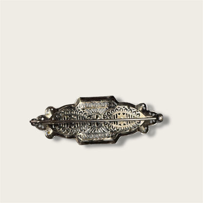 Vintage Silver-Tone Geometric Filigree Brooch with Champagne Rhinestones