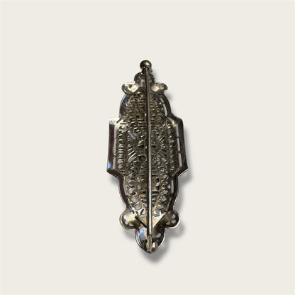Vintage Silver-Tone Geometric Filigree Brooch with Champagne Rhinestones