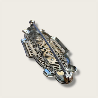 Vintage Silver-Tone Geometric Filigree Brooch with Champagne Rhinestones