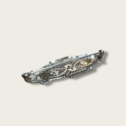 Vintage Silver-Tone Geometric Filigree Brooch with Champagne Rhinestones