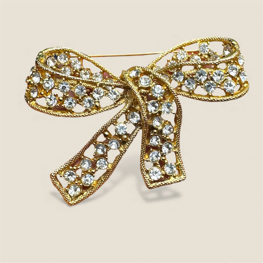 Vintage Rhinestone Bow Brooch – Gold Tone Statement