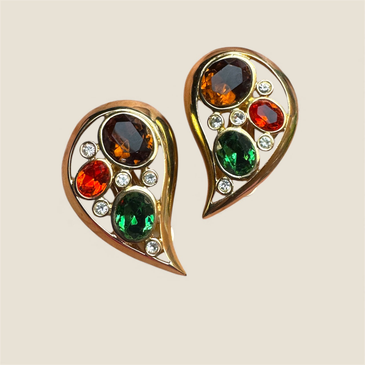 Vintage Jewel-Toned Paisley Clip-On Earrings – Emerald, Topaz & Citrine Glass