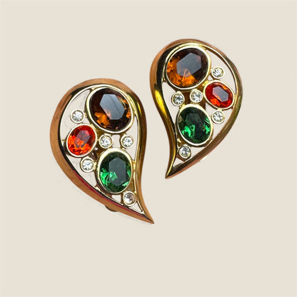 Vintage Jewel-Toned Paisley Clip-On Earrings – Emerald, Topaz & Citrine Glass