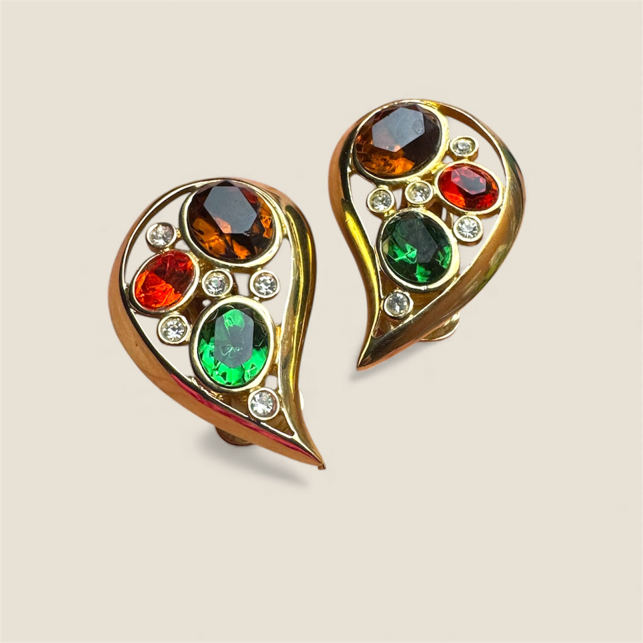 Vintage Jewel-Toned Paisley Clip-On Earrings – Emerald, Topaz & Citrine Glass