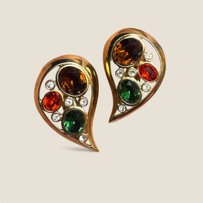 Vintage Jewel-Toned Paisley Clip-On Earrings – Emerald, Topaz & Citrine Glass