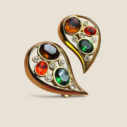 Vintage Jewel-Toned Paisley Clip-On Earrings – Emerald, Topaz & Citrine Glass