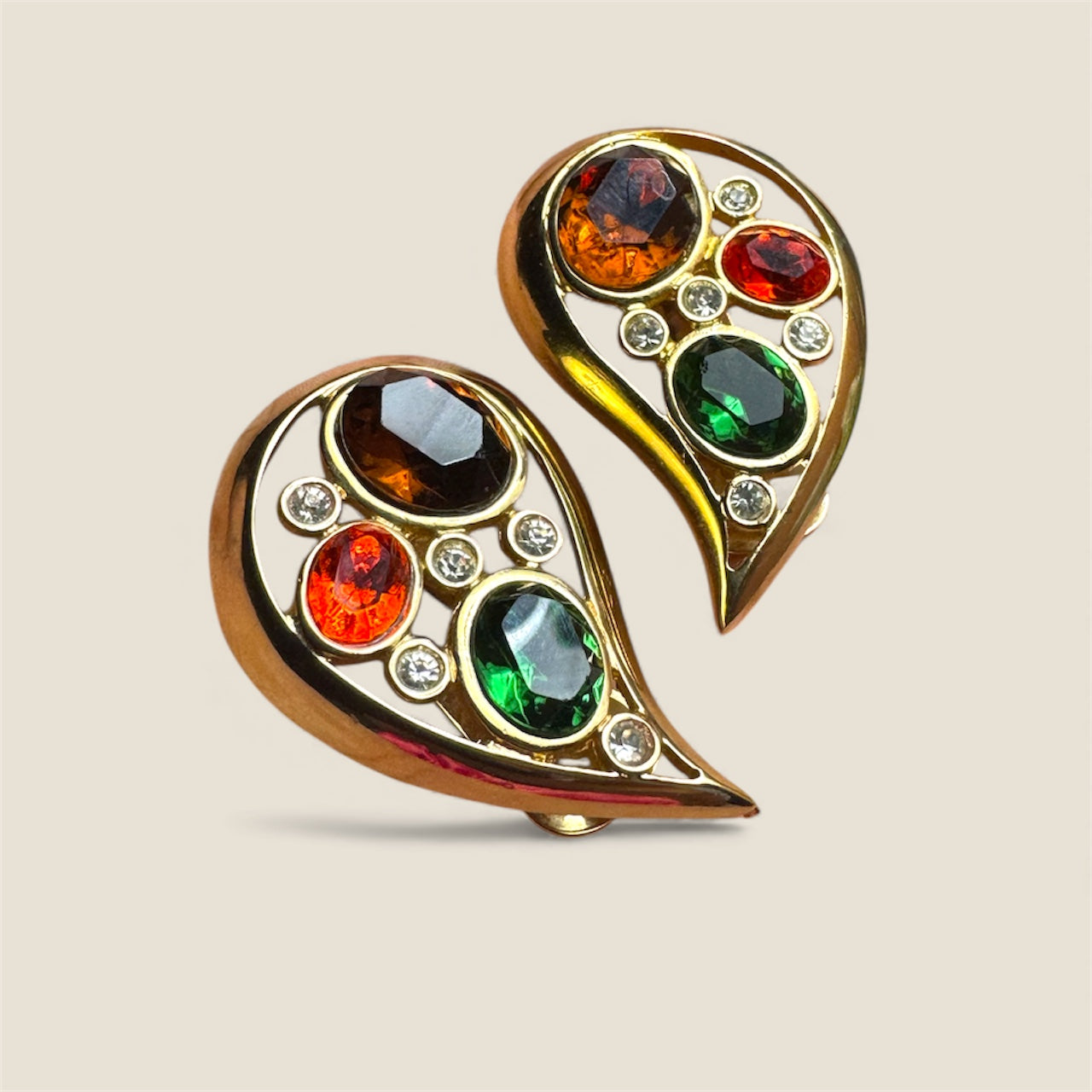 Vintage Jewel-Toned Paisley Clip-On Earrings – Emerald, Topaz & Citrine Glass