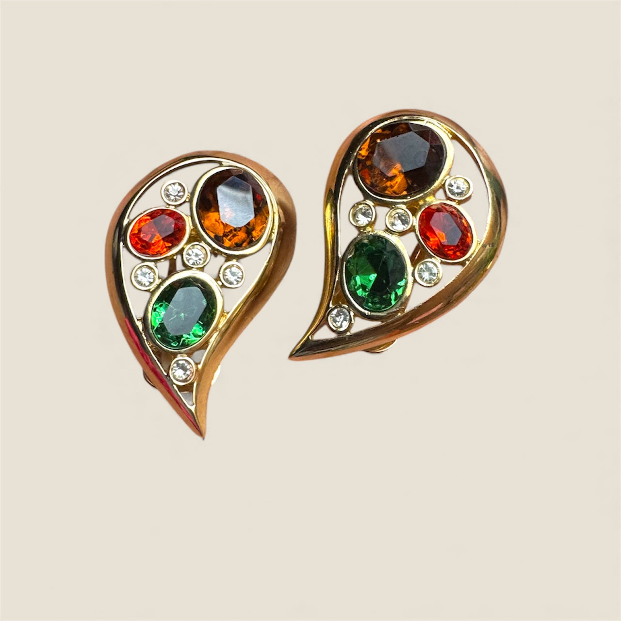 Vintage Jewel-Toned Paisley Clip-On Earrings – Emerald, Topaz & Citrine Glass