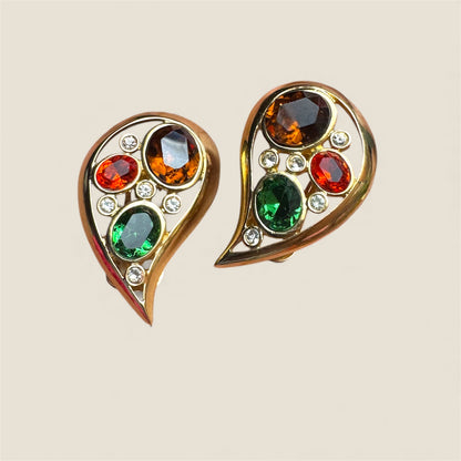 Vintage Jewel-Toned Paisley Clip-On Earrings – Emerald, Topaz & Citrine Glass