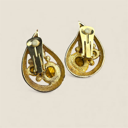 Vintage Jewel-Toned Paisley Clip-On Earrings – Emerald, Topaz & Citrine Glass
