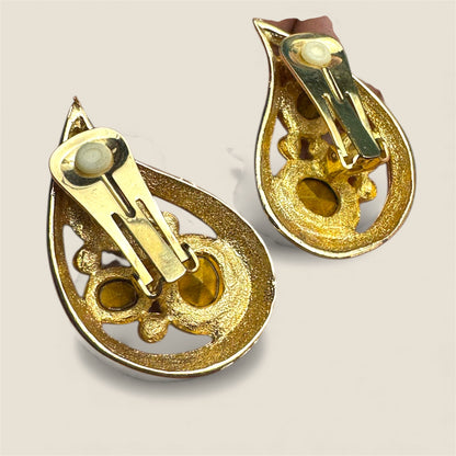 Vintage Jewel-Toned Paisley Clip-On Earrings – Emerald, Topaz & Citrine Glass