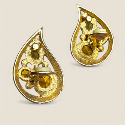 Vintage Jewel-Toned Paisley Clip-On Earrings – Emerald, Topaz & Citrine Glass