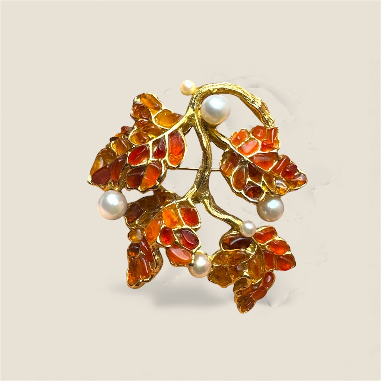 Vintage Mid-Century Gemstone & Pearl Branch Brooch – Unsigned Artisan, Swoboda-Style